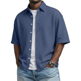 Men's Solid-Colored Waffle-Weave T-Shirt With Lapel Collar (Option: Navy Blue-M)