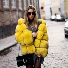 Women's Minimalist Hooded Patchwork Fur Grass Jacket (Option: Yellow-S)