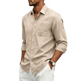 Mens Linen Loose-fit Lapel Long-sleeve Shirt (Option: Light Khaki-M)